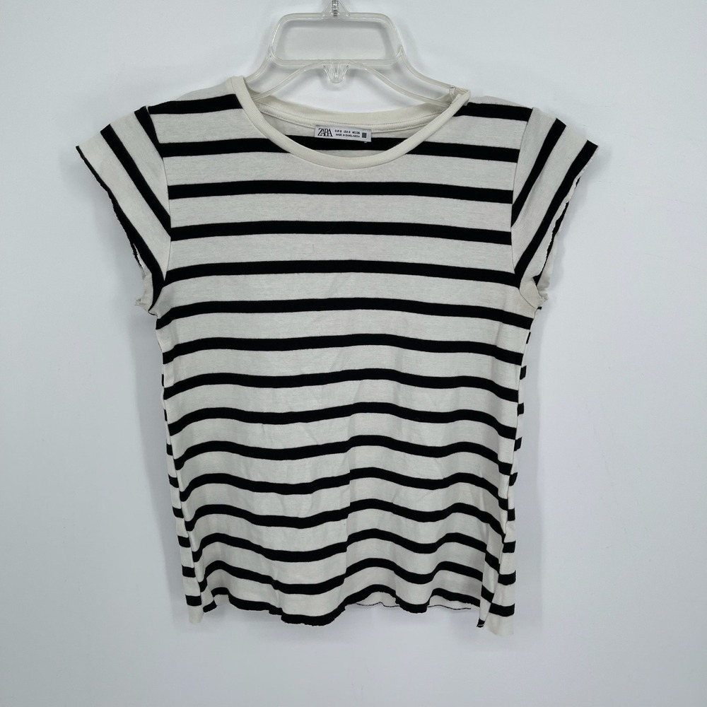 Zara Women's White Black Striped Cap Sleeve Crewneck Knit Casual T-Shirt Size S‎